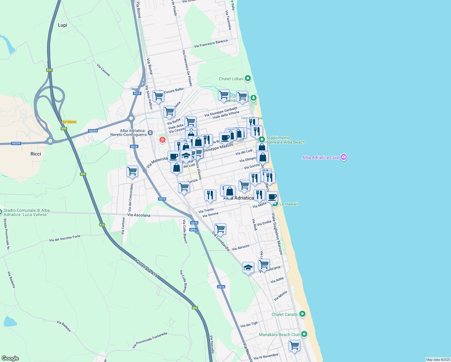 map of restaurants, bars, coffee shops, grocery stores, and more near 23a Via Piacenza in Alba Adriatica