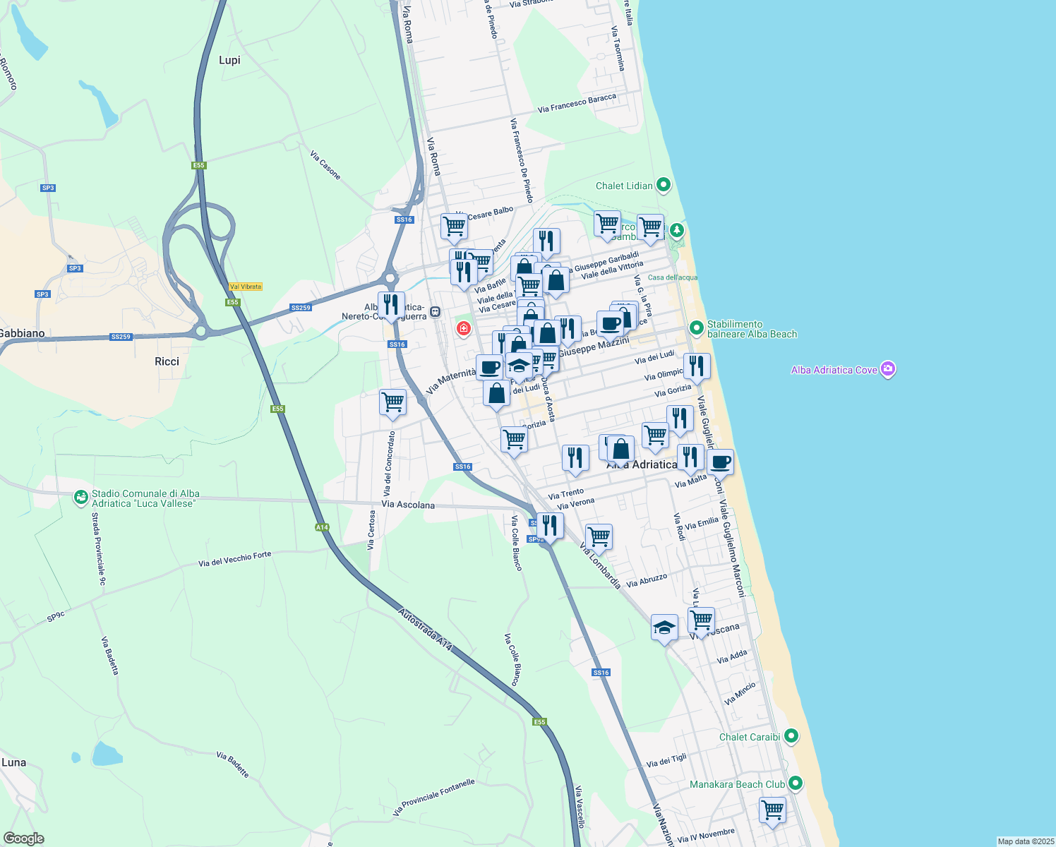 map of restaurants, bars, coffee shops, grocery stores, and more near 36 Via Gorizia in Alba Adriatica