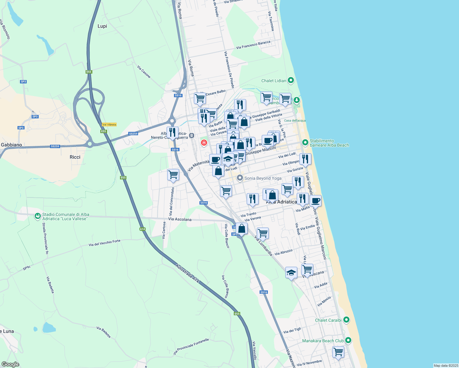 map of restaurants, bars, coffee shops, grocery stores, and more near 36 Via Gorizia in Alba Adriatica