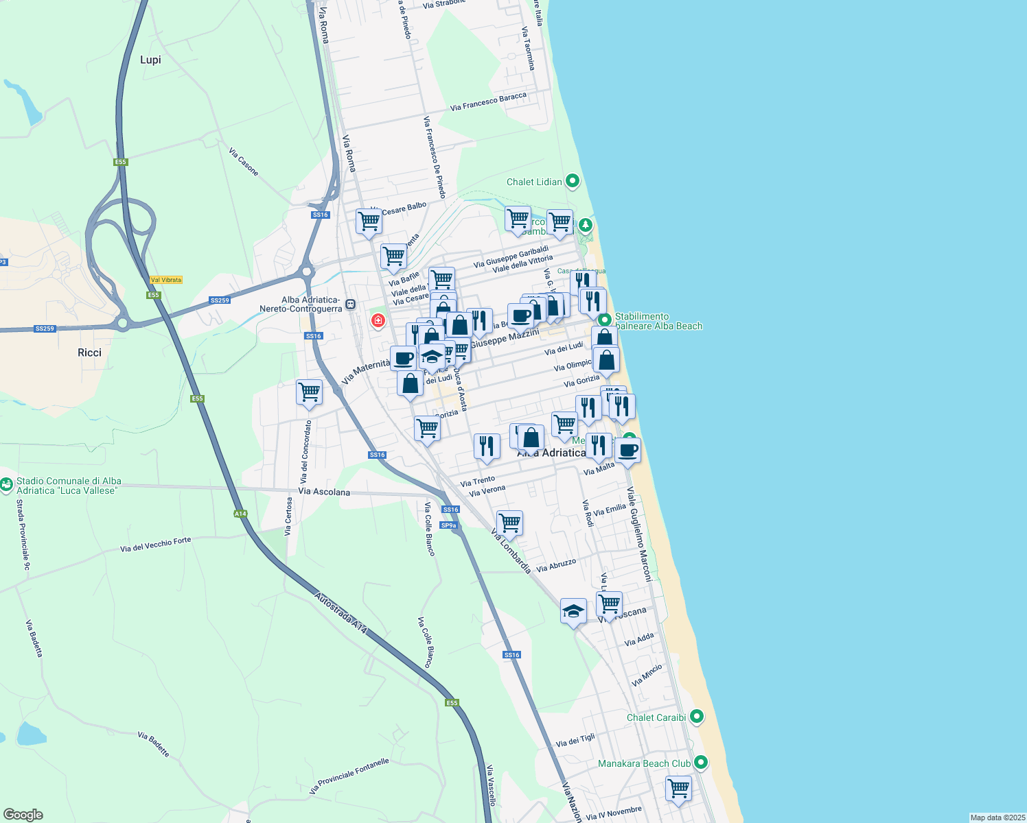 map of restaurants, bars, coffee shops, grocery stores, and more near 23a Via Piacenza in Alba Adriatica