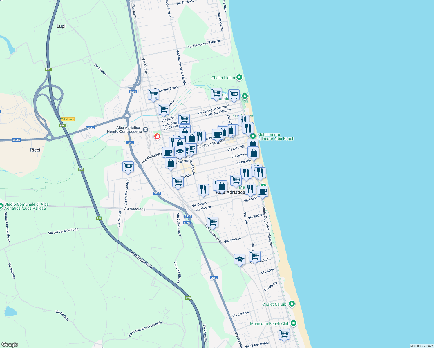 map of restaurants, bars, coffee shops, grocery stores, and more near 23a Via Piacenza in Alba Adriatica