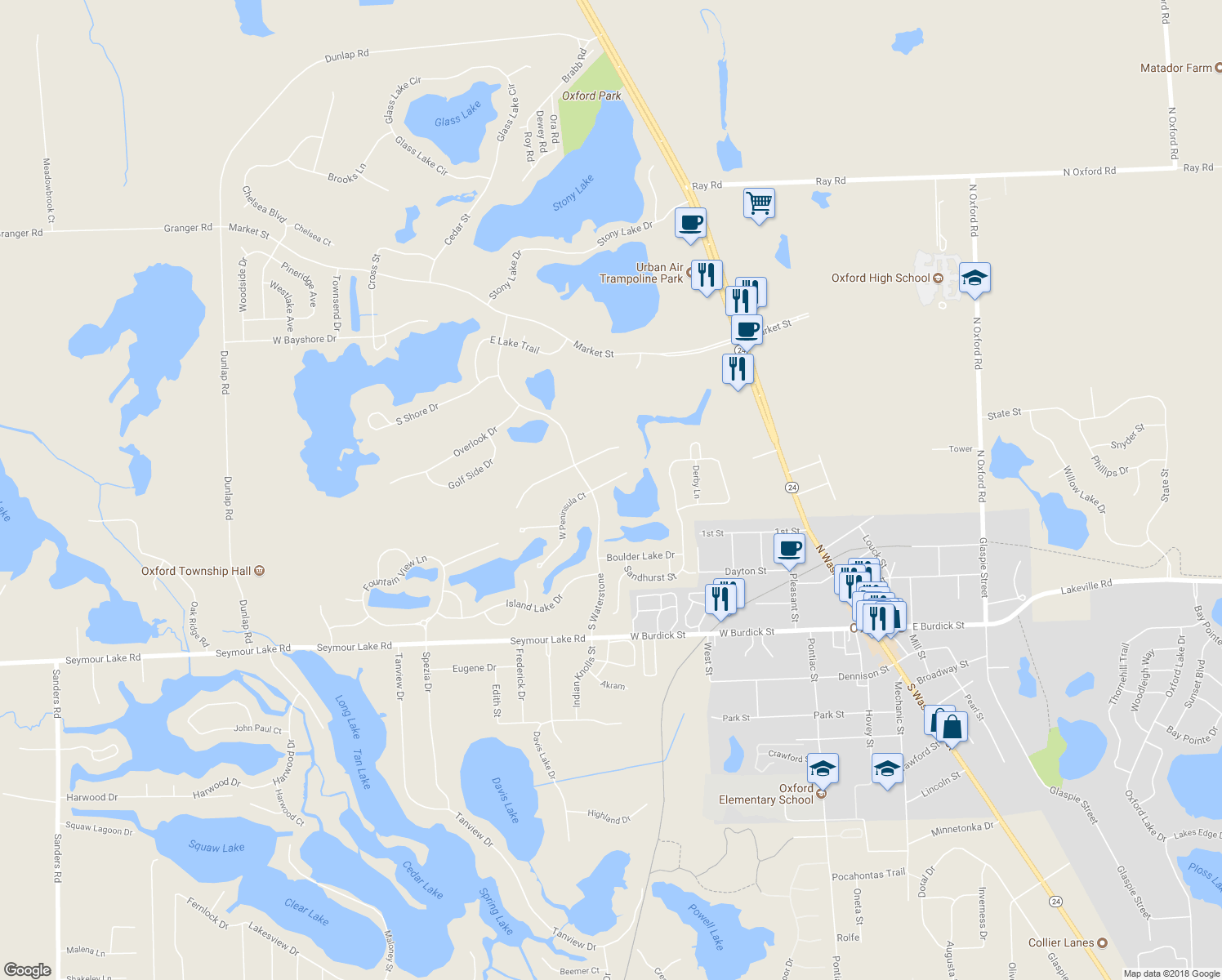 map of restaurants, bars, coffee shops, grocery stores, and more near 495 East Peninsula Court in Oakland County