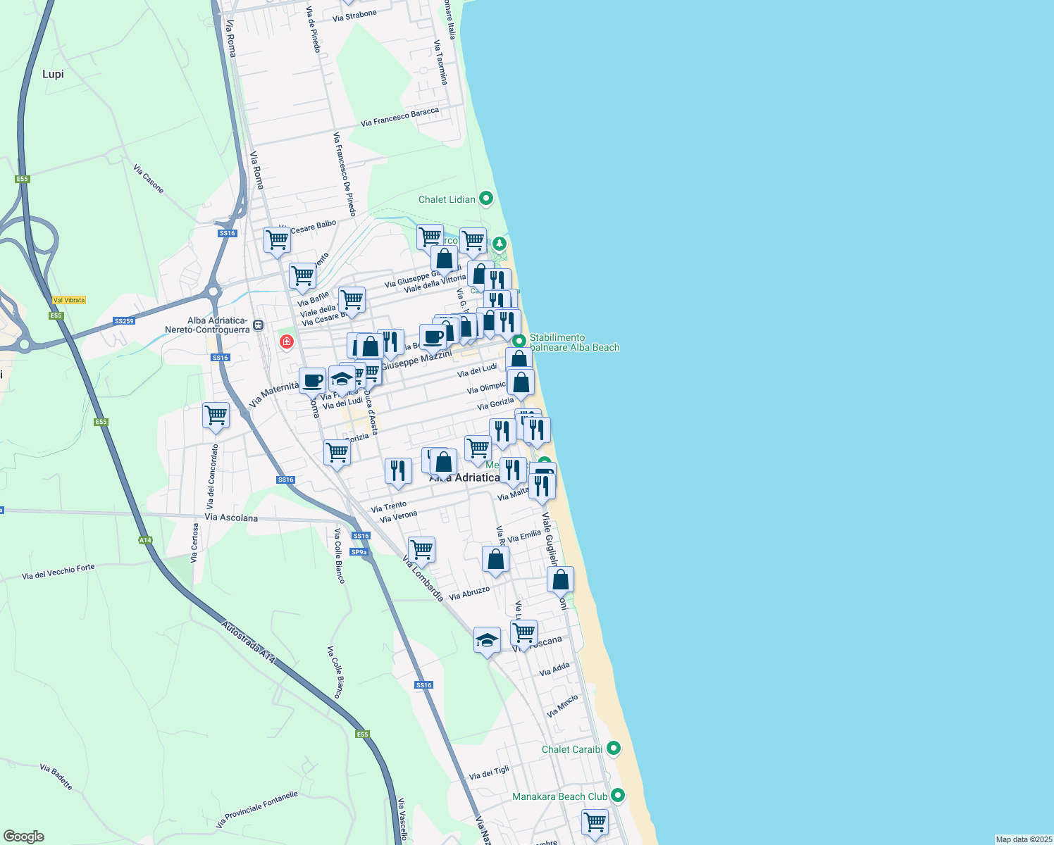 map of restaurants, bars, coffee shops, grocery stores, and more near 258 Lungomare Marconi in Alba Adriatica