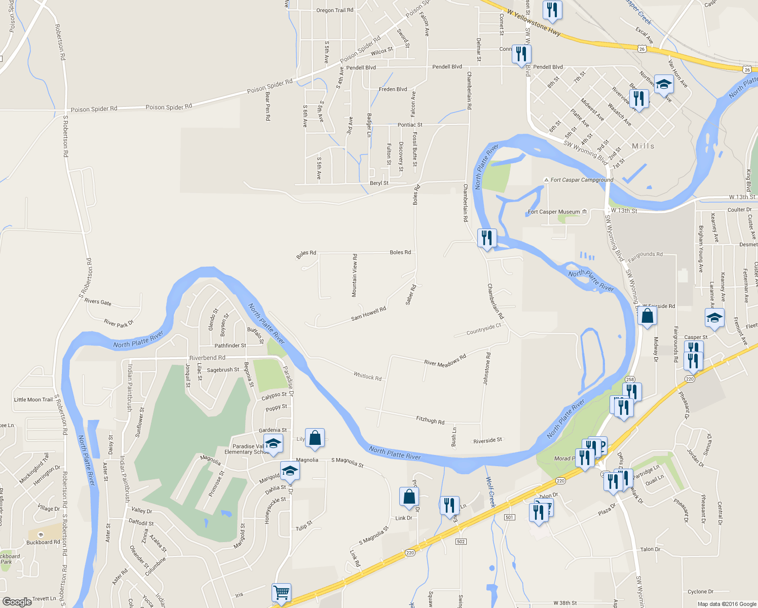 map of restaurants, bars, coffee shops, grocery stores, and more near 4420 Sam Howell Road in Casper