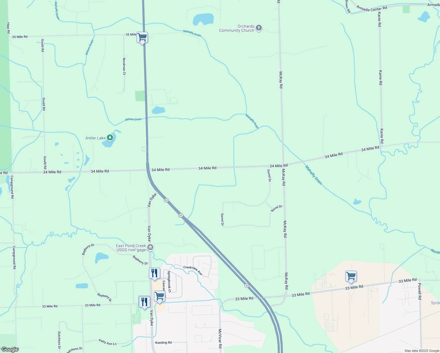 map of restaurants, bars, coffee shops, grocery stores, and more near 12600 34 Mile Road in Macomb County