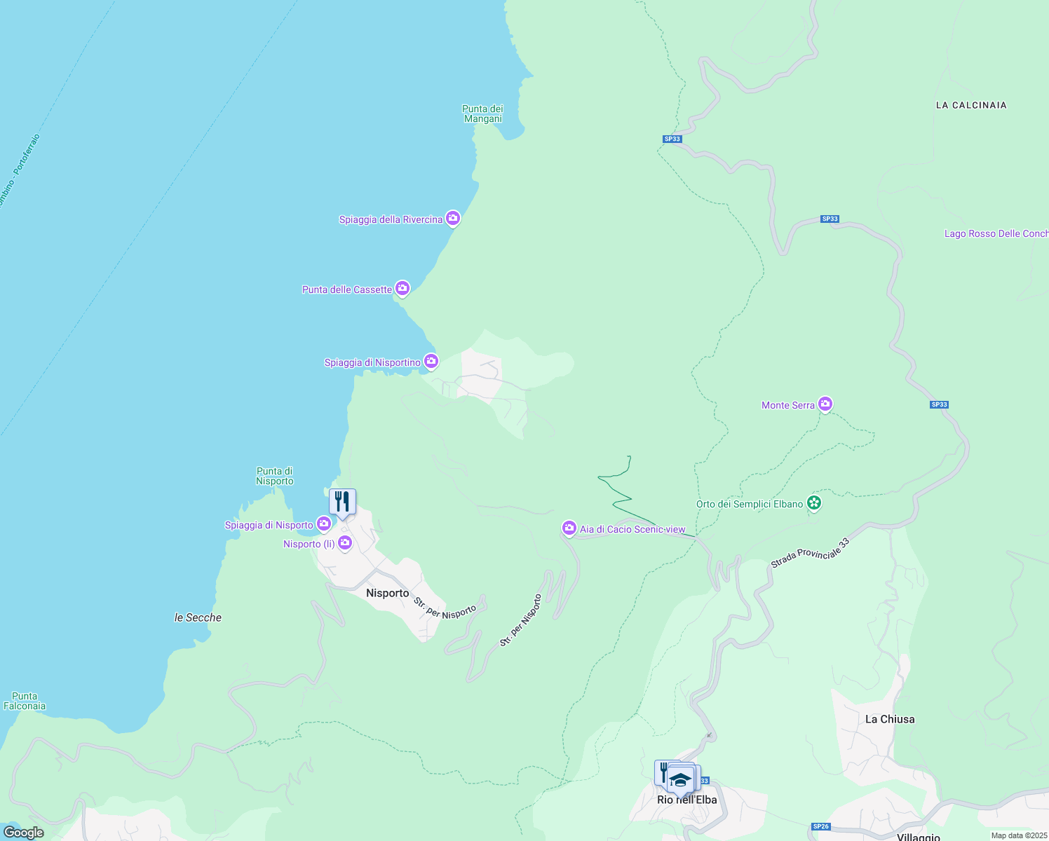 map of restaurants, bars, coffee shops, grocery stores, and more near 39 Via Nisportino in Livorno