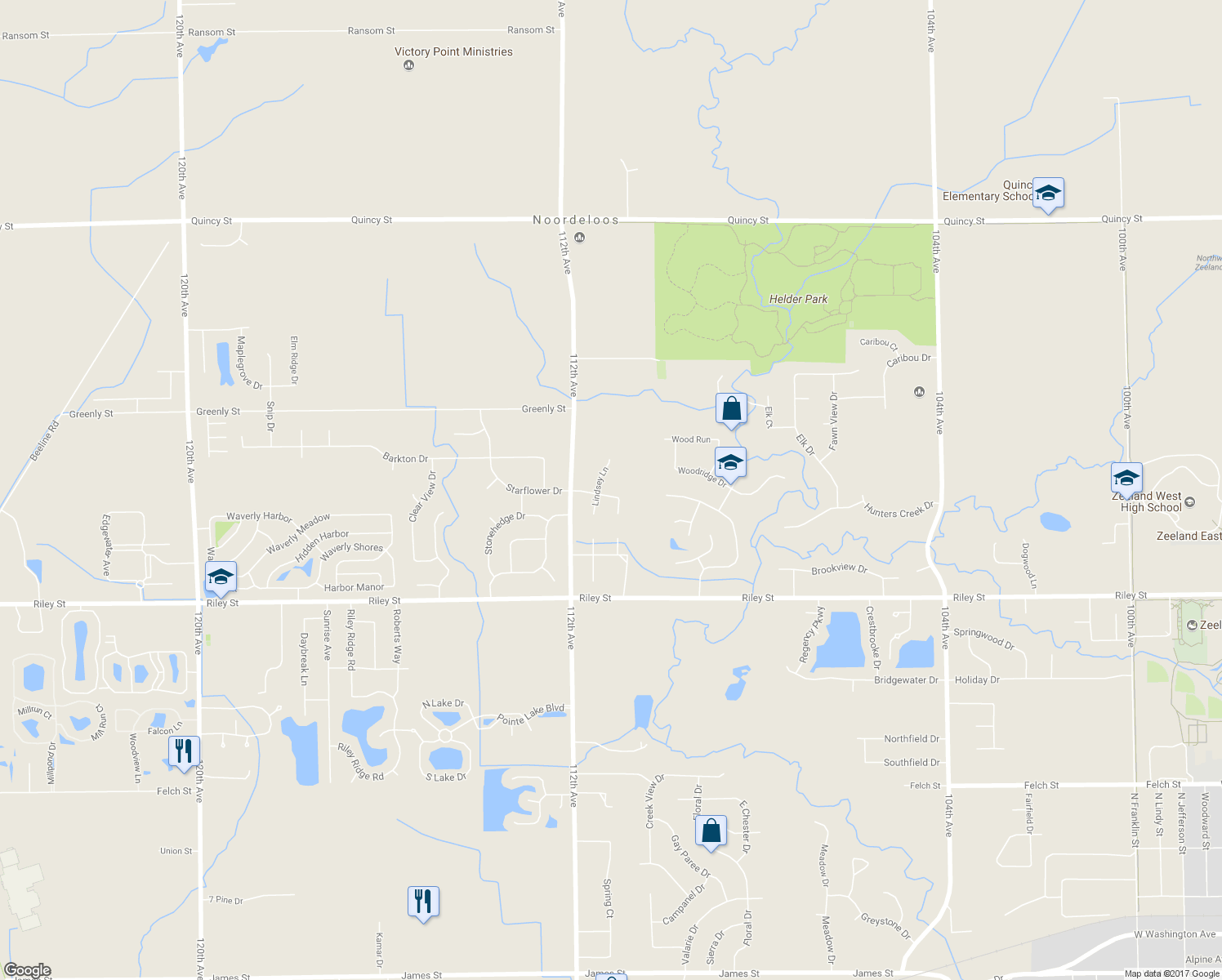 map of restaurants, bars, coffee shops, grocery stores, and more near 11113 Starflower Drive in Zeeland