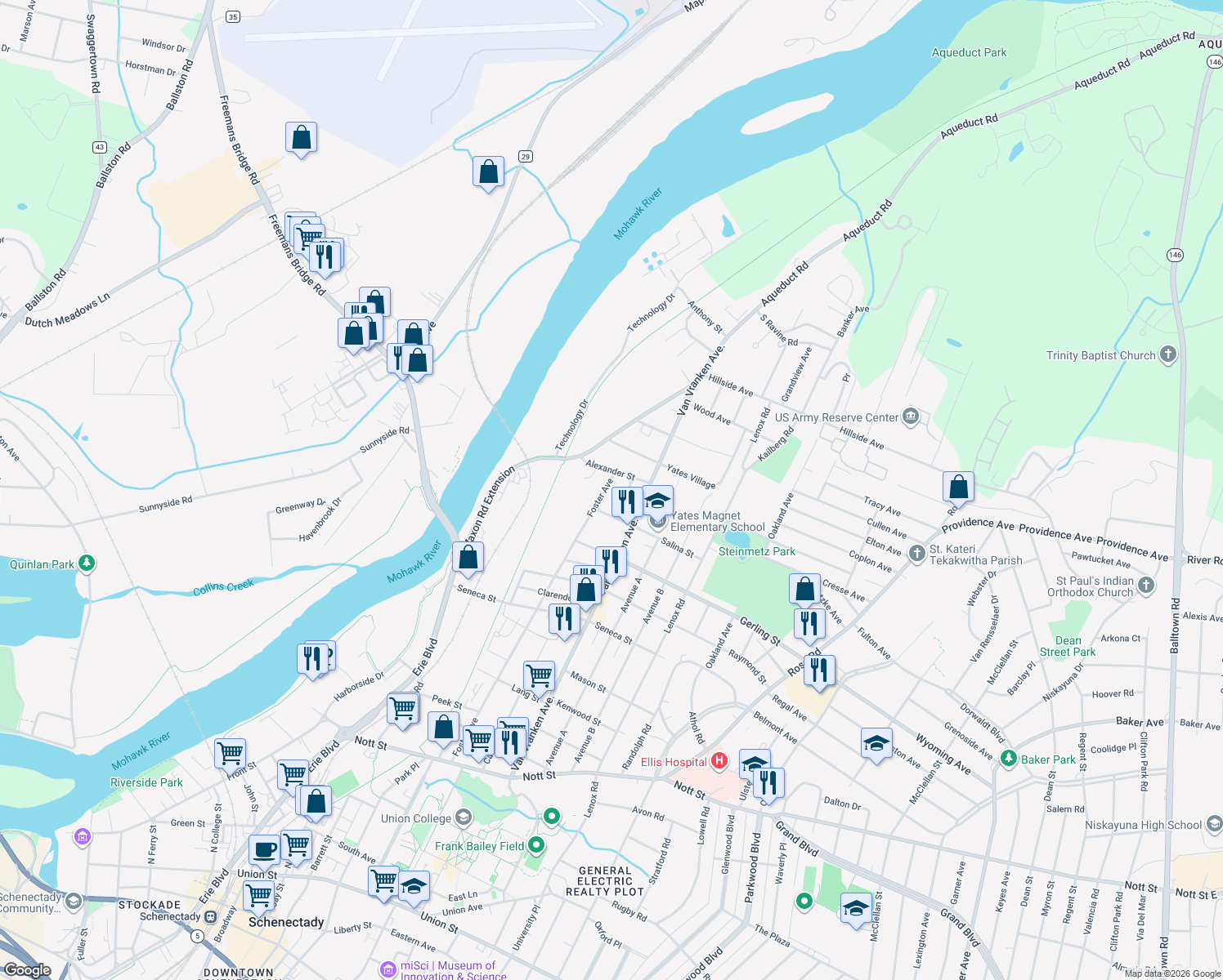 map of restaurants, bars, coffee shops, grocery stores, and more near 2130 Foster Ave in Schenectady