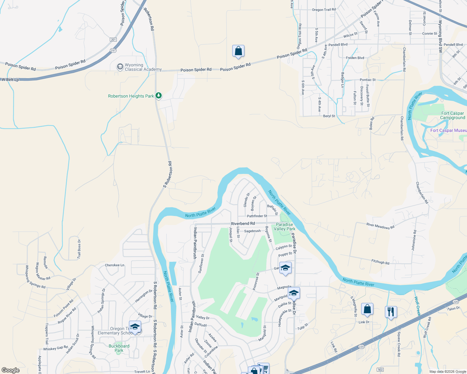 map of restaurants, bars, coffee shops, grocery stores, and more near 1704 Begonia St in Casper