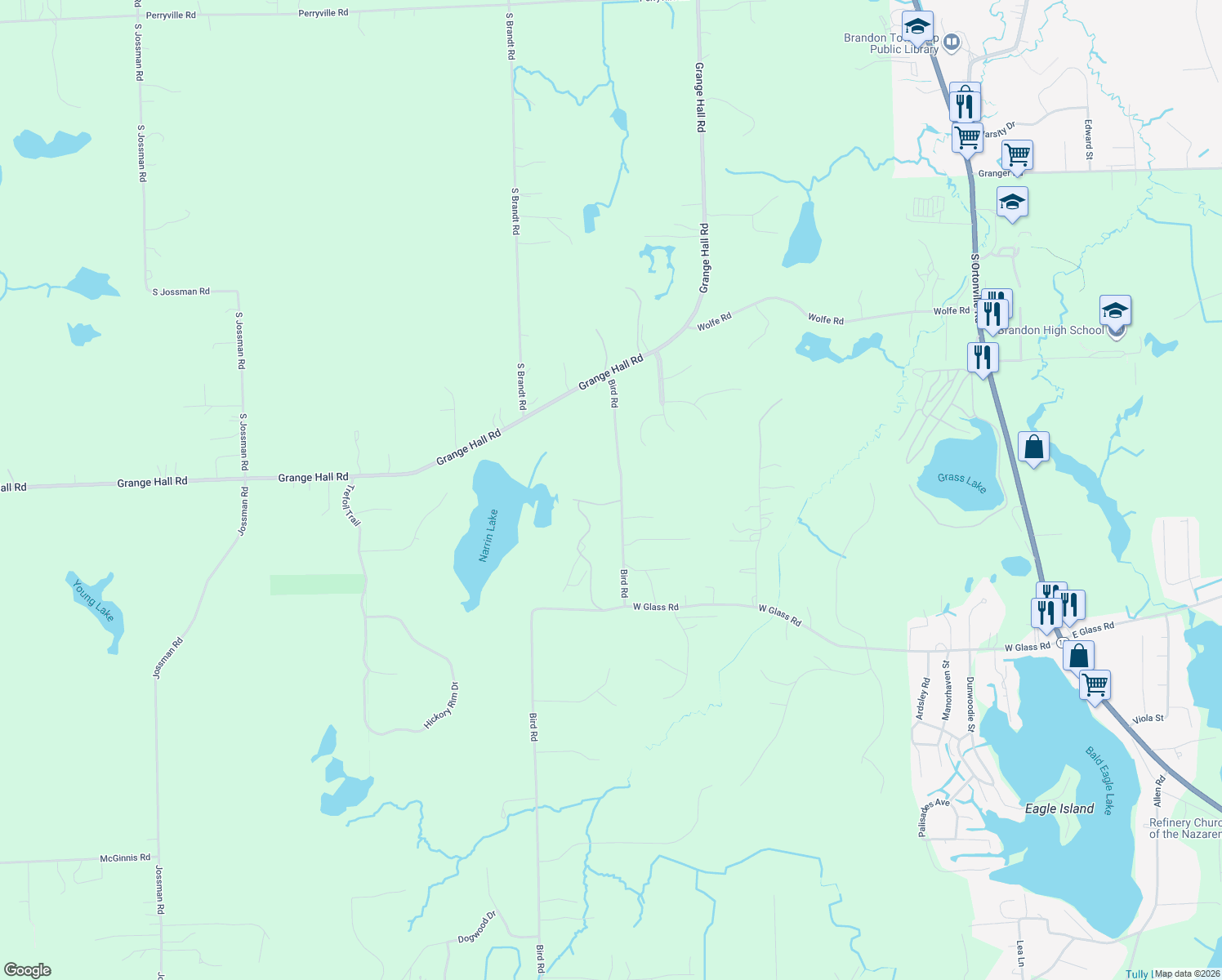 map of restaurants, bars, coffee shops, grocery stores, and more near 1098 Bird Rd in Ortonville
