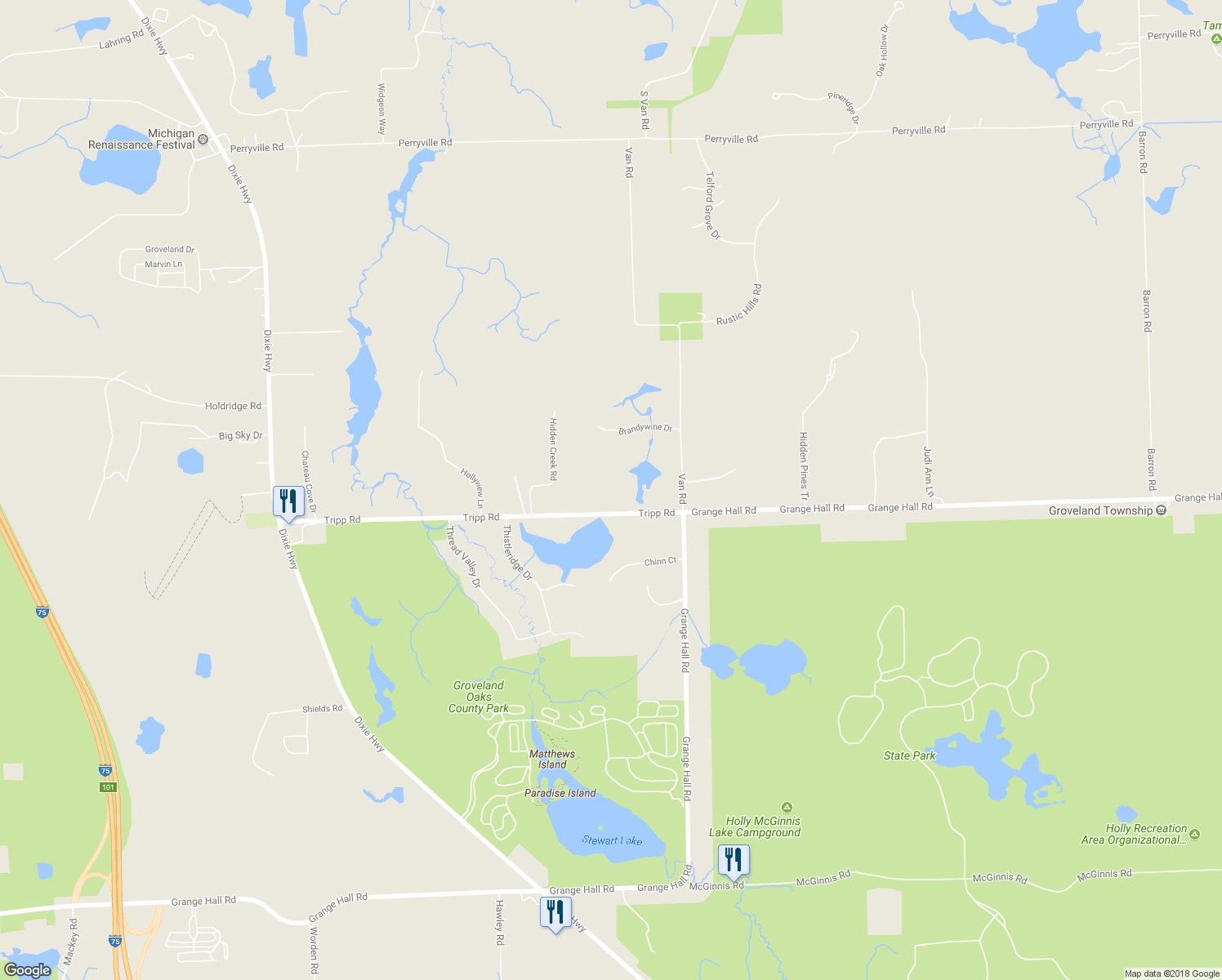 map of restaurants, bars, coffee shops, grocery stores, and more near 6200 Tripp Road in Holly