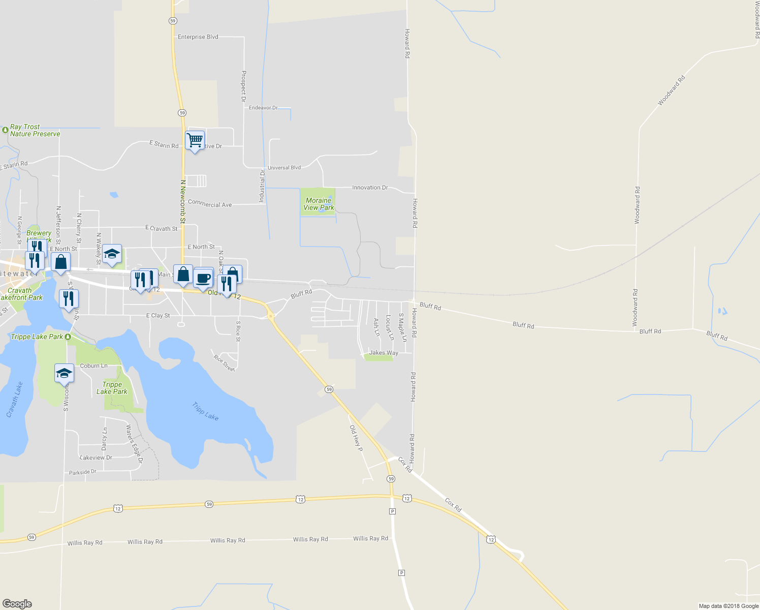 map of restaurants, bars, coffee shops, grocery stores, and more near 129 Ash Lane in Whitewater