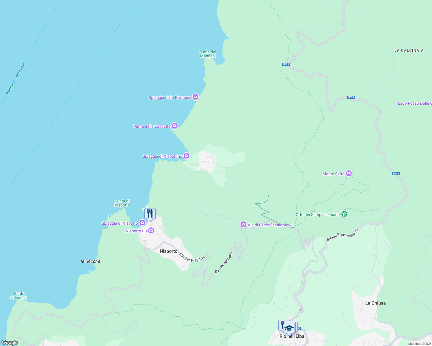 map of restaurants, bars, coffee shops, grocery stores, and more near 39 Via Nisportino in Provincia di Livorno
