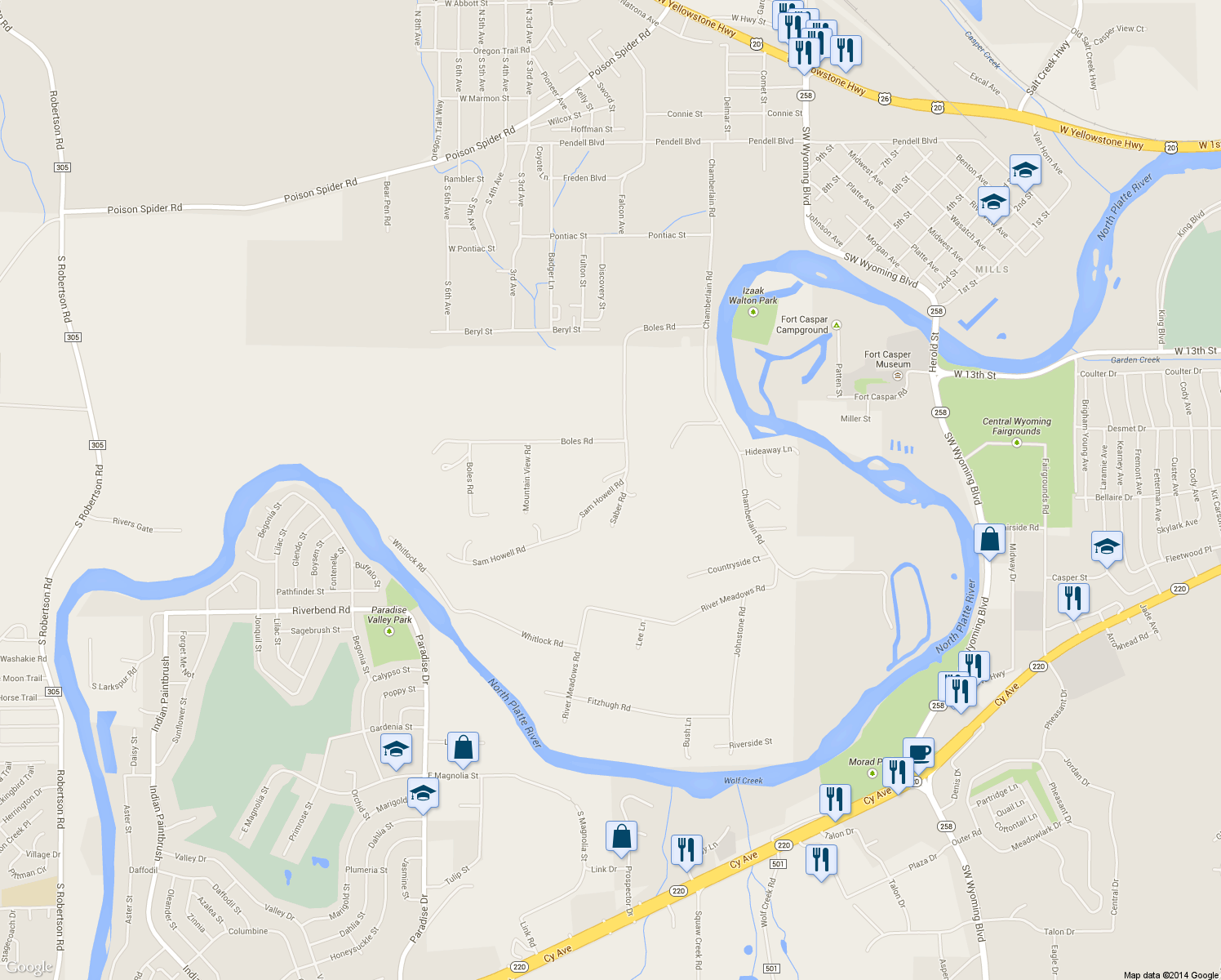 map of restaurants, bars, coffee shops, grocery stores, and more near 4570 Sam Howell Road in Casper