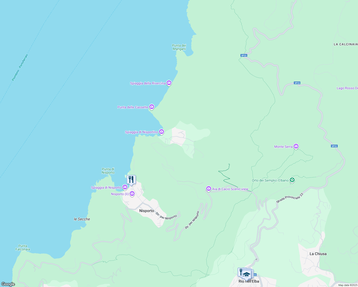 map of restaurants, bars, coffee shops, grocery stores, and more near 20 Via Nisportino in Provincia di Livorno