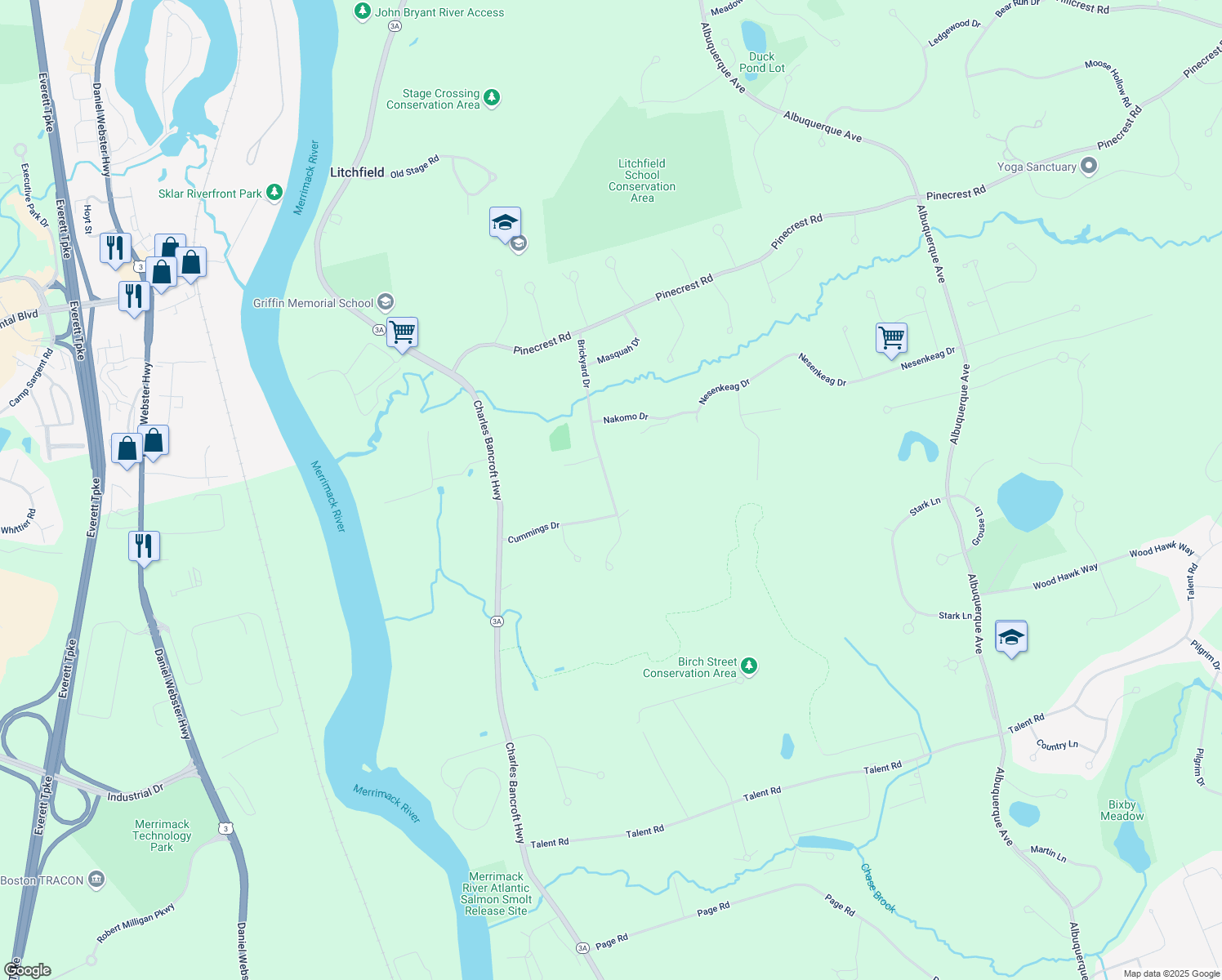 map of restaurants, bars, coffee shops, grocery stores, and more near 30 Brickyard Drive in Litchfield