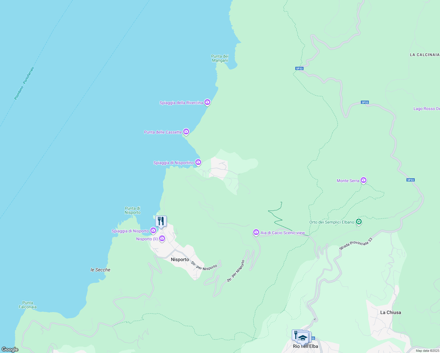 map of restaurants, bars, coffee shops, grocery stores, and more near 20 Via Nisportino in Provincia di Livorno