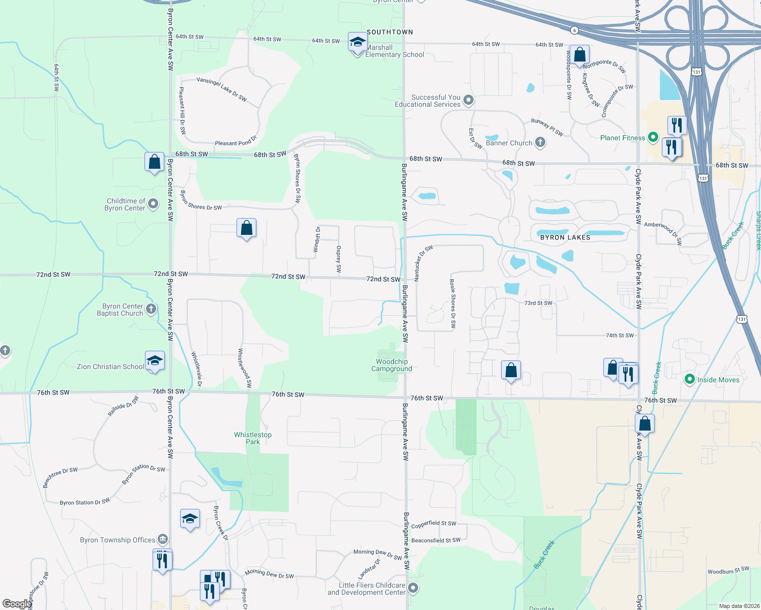 map of restaurants, bars, coffee shops, grocery stores, and more near 1670 Springwind Drive Southwest in Byron Center