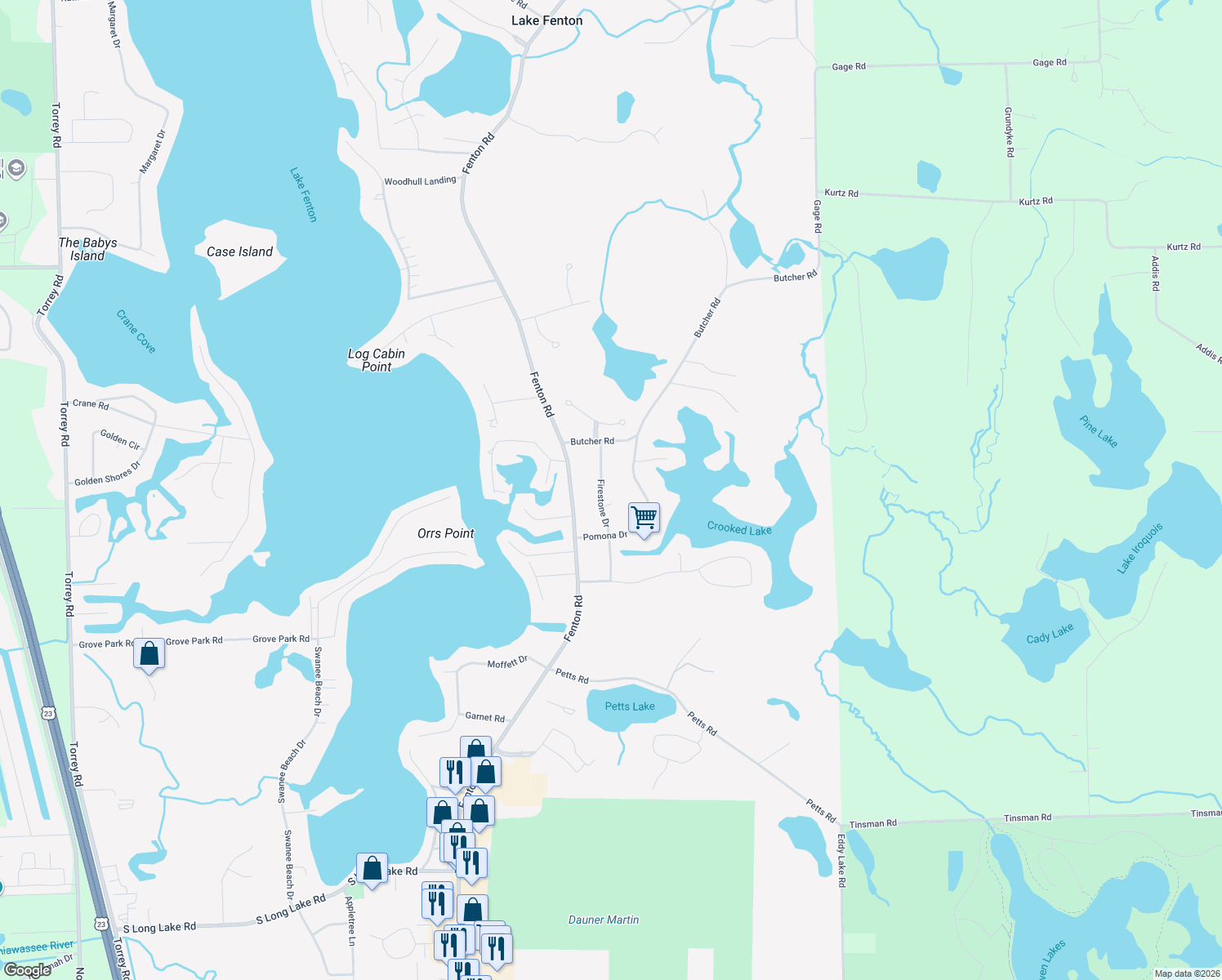 map of restaurants, bars, coffee shops, grocery stores, and more near 13317 Firestone Drive in Fenton