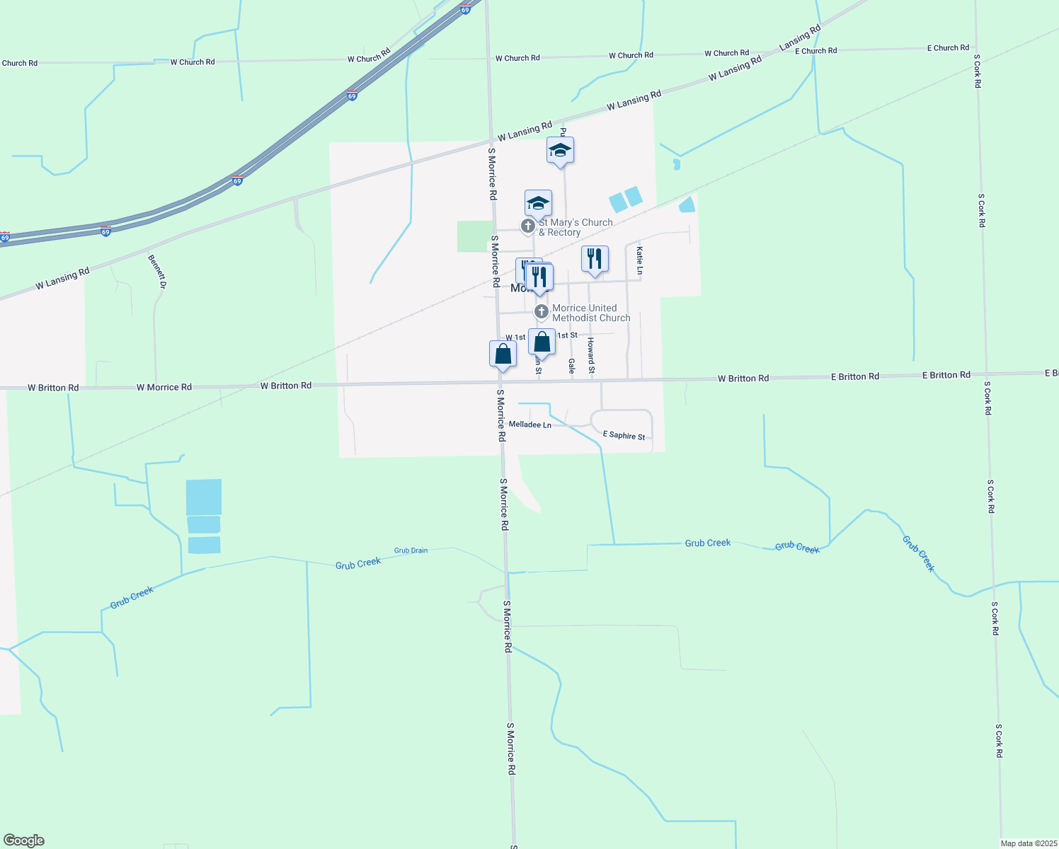 map of restaurants, bars, coffee shops, grocery stores, and more near 116 Melladee Ln in Morrice