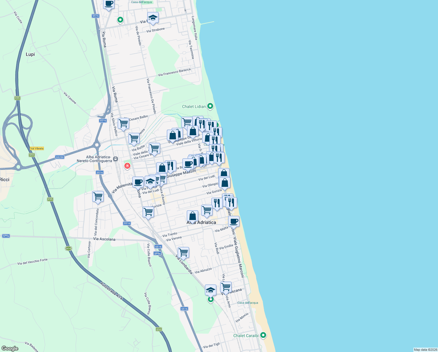 map of restaurants, bars, coffee shops, grocery stores, and more near 6-10 Via dei Ludi in Alba Adriatica