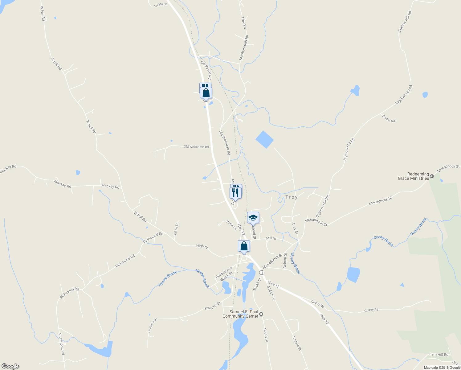 map of restaurants, bars, coffee shops, grocery stores, and more near 9 County Lane in Troy