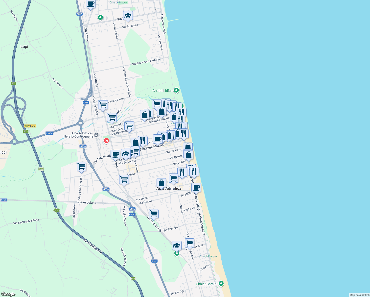 map of restaurants, bars, coffee shops, grocery stores, and more near 10 Via dei Ludi in Alba Adriatica