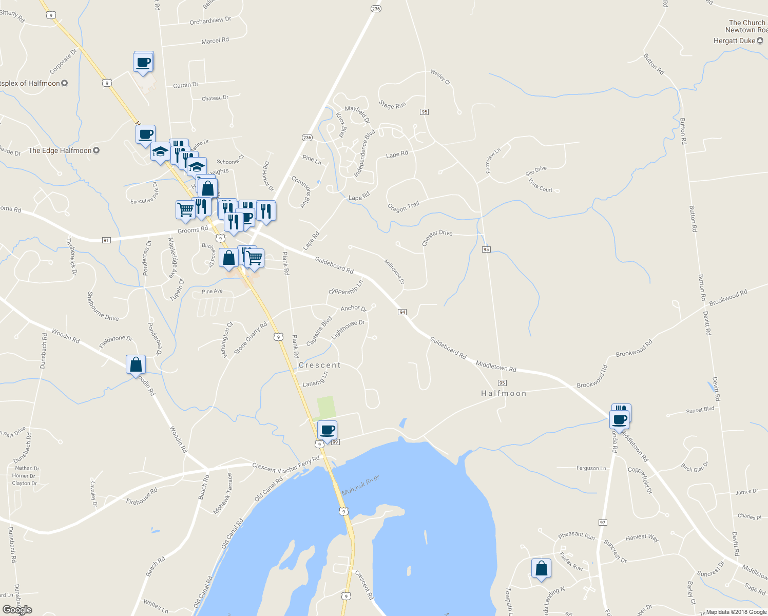 map of restaurants, bars, coffee shops, grocery stores, and more near 90-92 Guideboard Road in Waterford
