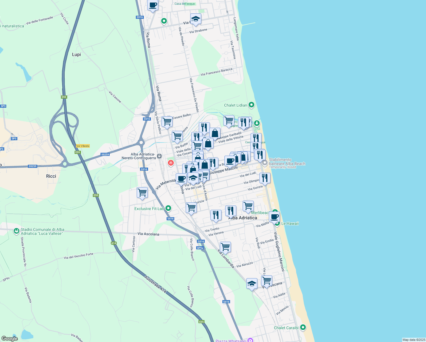 map of restaurants, bars, coffee shops, grocery stores, and more near 1 Via Fiesole in Alba Adriatica