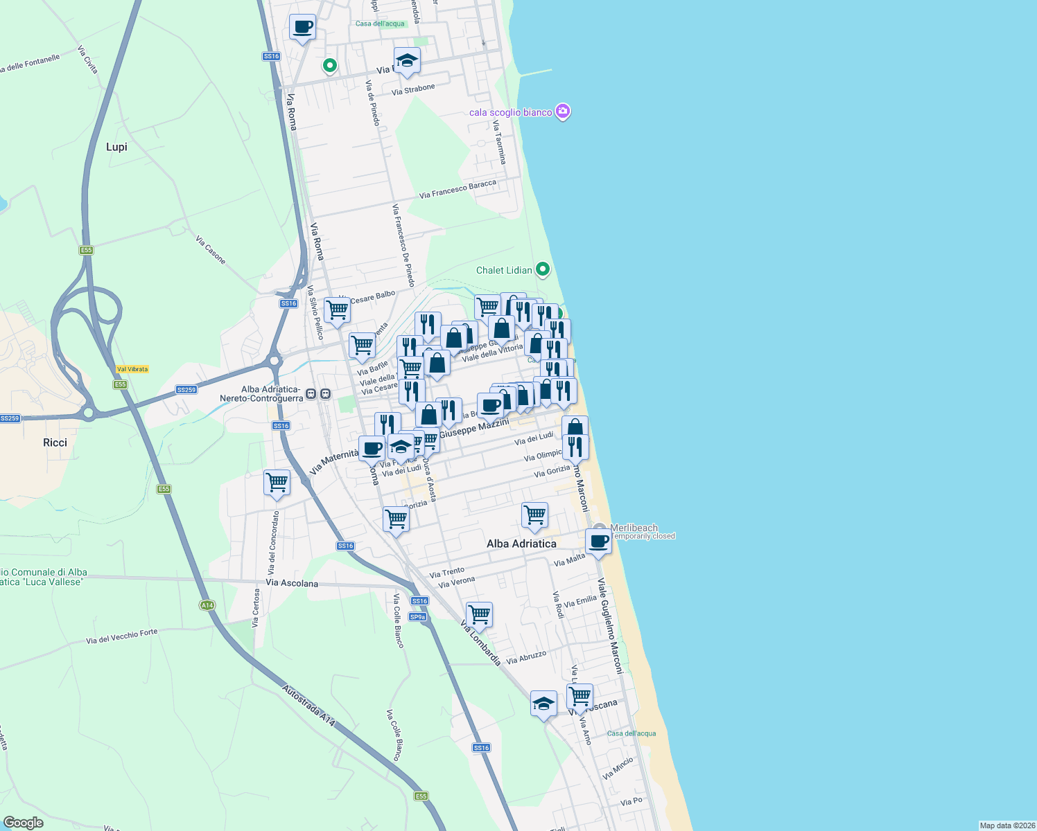 map of restaurants, bars, coffee shops, grocery stores, and more near 30 Via Giacomo Leopardi in Alba Adriatica
