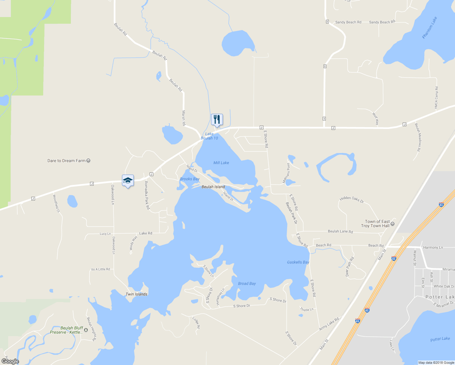 map of restaurants, bars, coffee shops, grocery stores, and more near N9384 Island Drive in Mukwonago