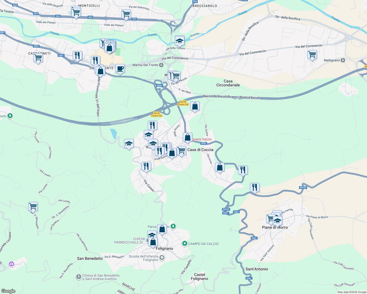 map of restaurants, bars, coffee shops, grocery stores, and more near 4 Via Don Giovanni Bosco in Villa Pigna Bassa
