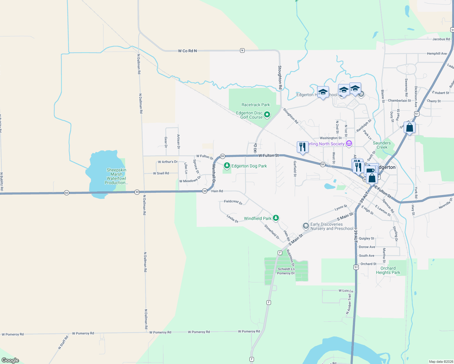 map of restaurants, bars, coffee shops, grocery stores, and more near 1250 Hain Rd in Edgerton