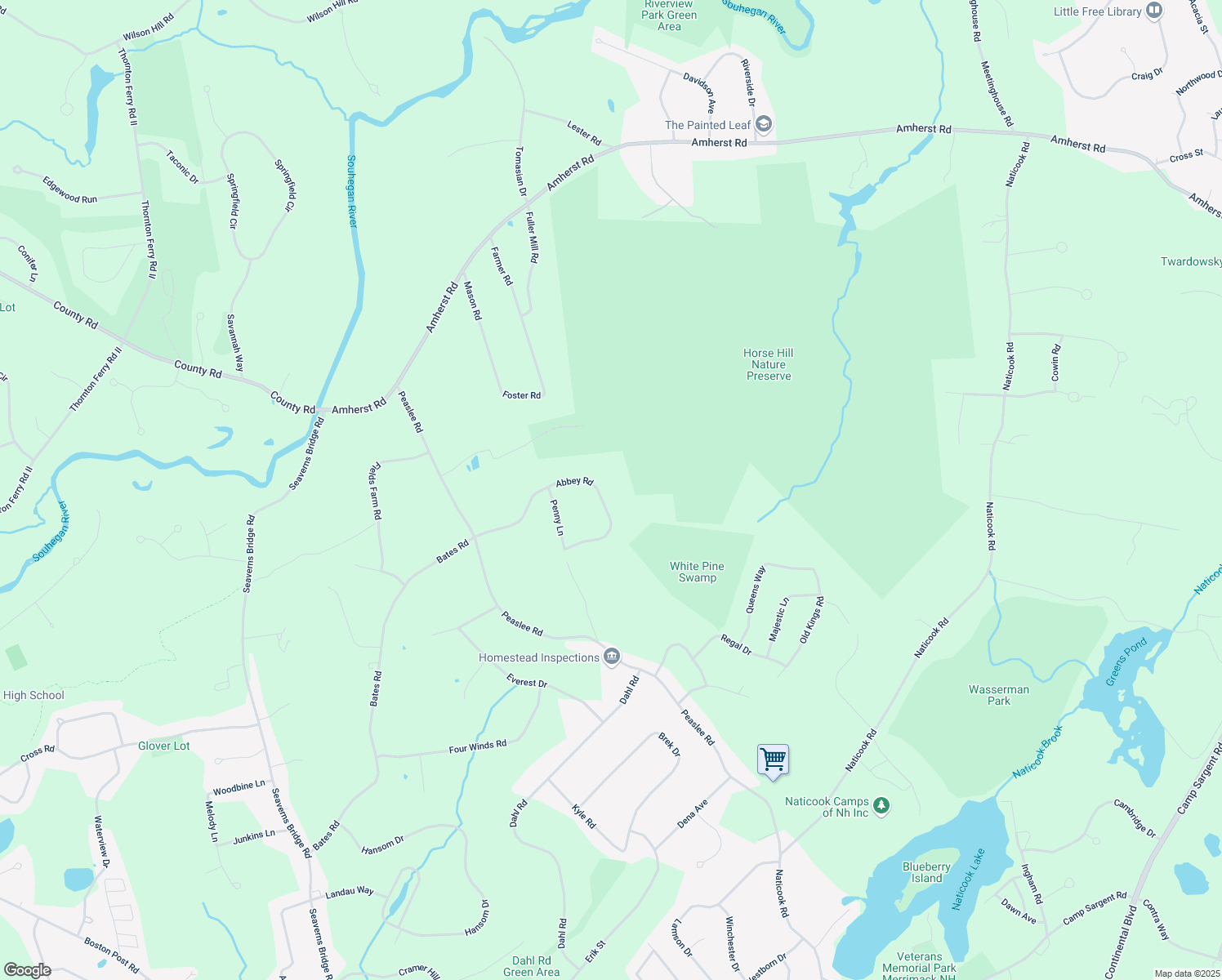 map of restaurants, bars, coffee shops, grocery stores, and more near 14 Abbey Road in Merrimack