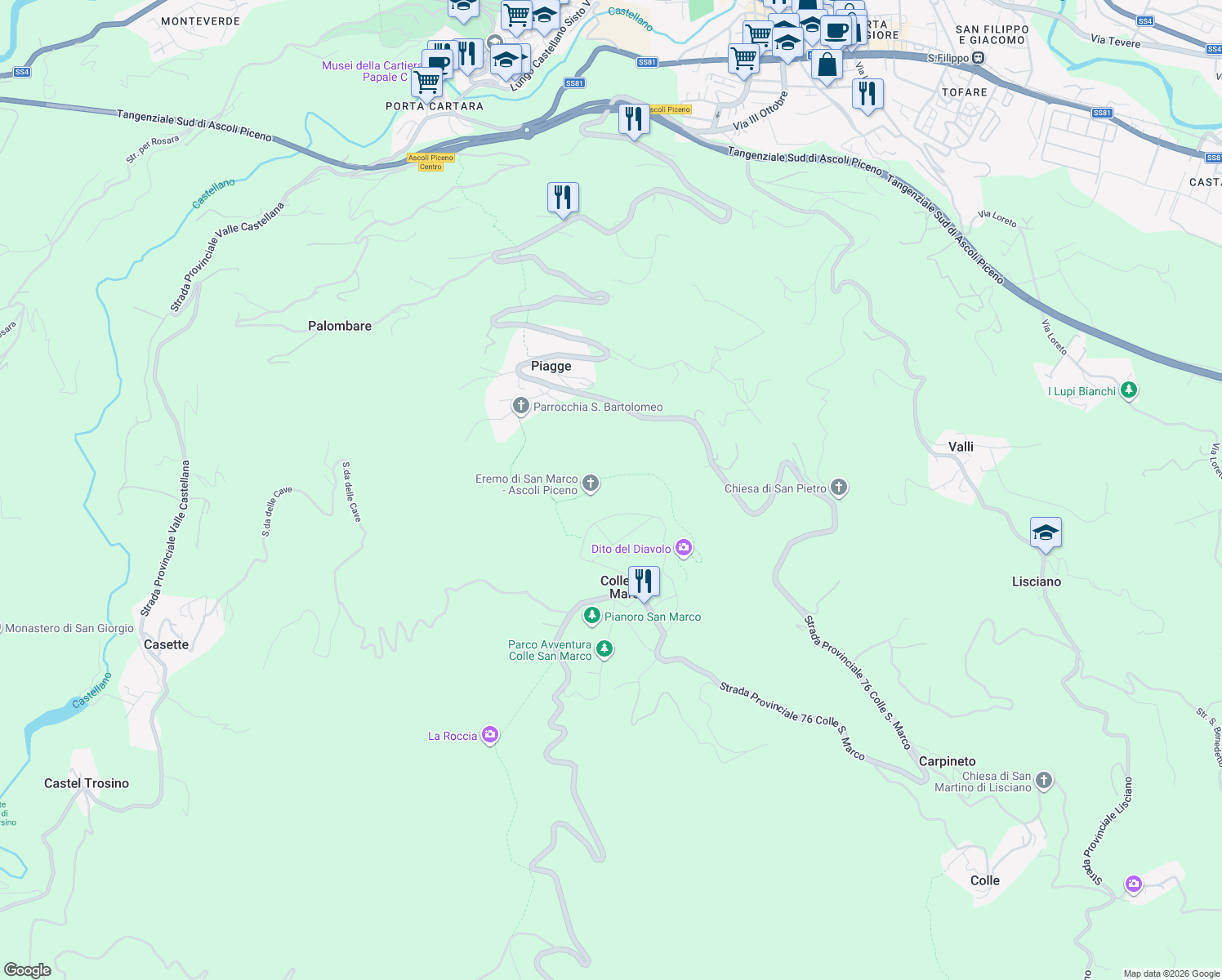 map of restaurants, bars, coffee shops, grocery stores, and more near 13 Circonvallazione San Marco in Colle San Marco