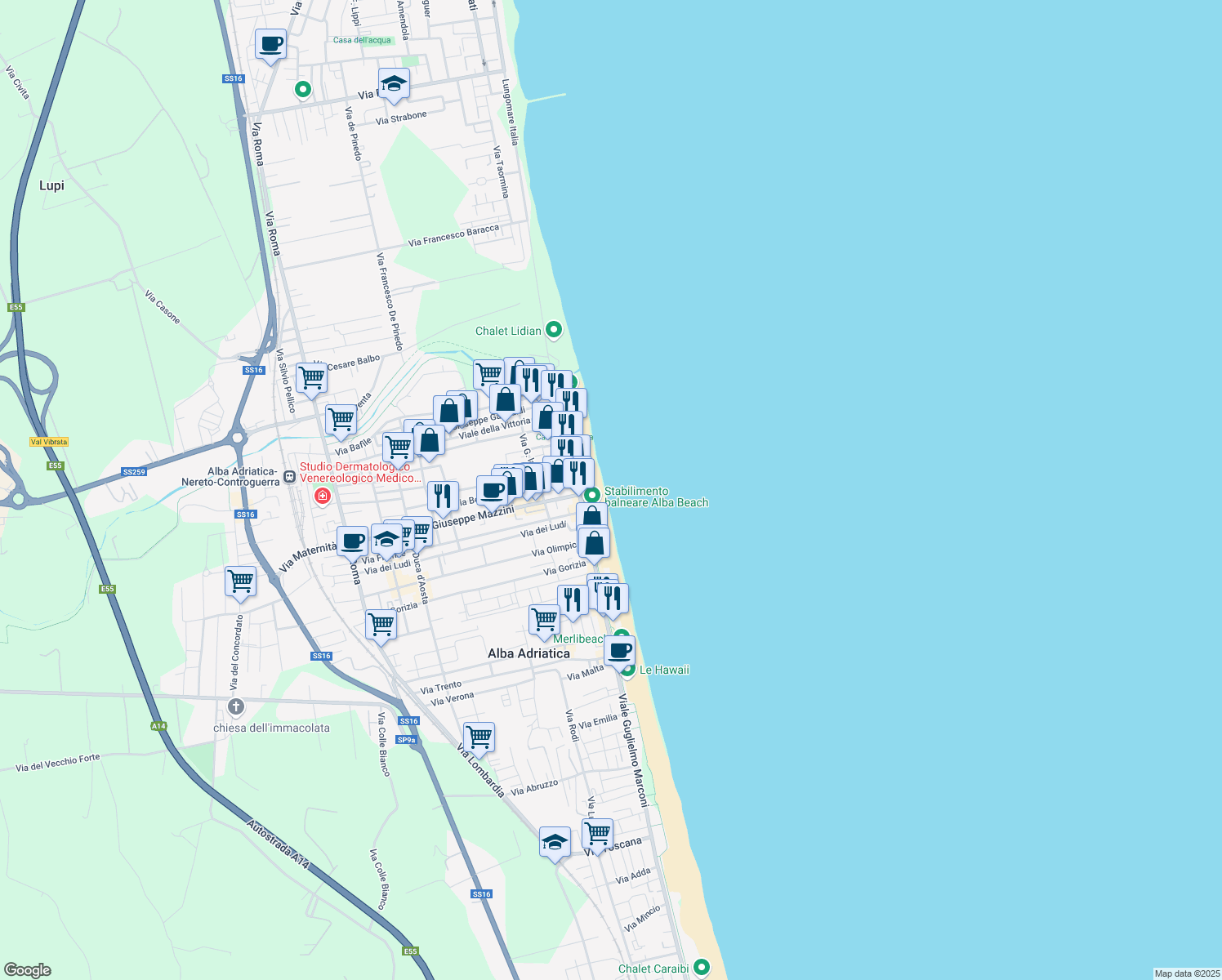 map of restaurants, bars, coffee shops, grocery stores, and more near 13 Viale Guglielmo Marconi in Alba Adriatica