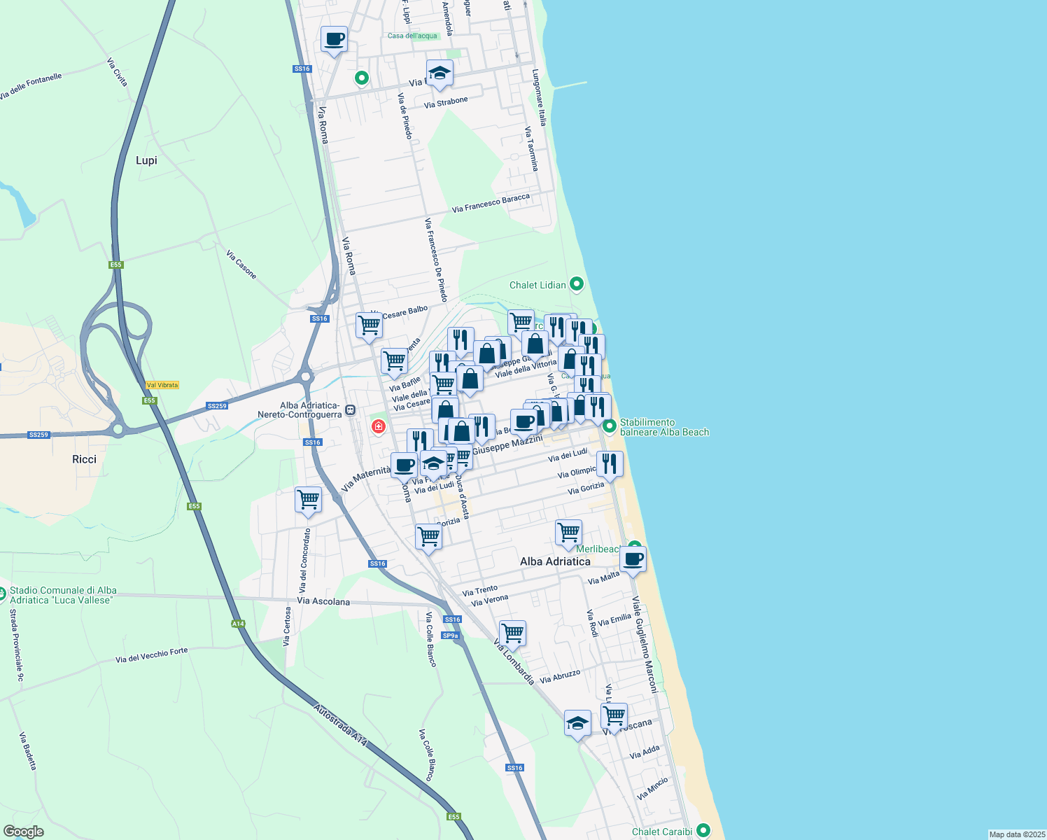 map of restaurants, bars, coffee shops, grocery stores, and more near 22 Via Giacomo Leopardi in Alba Adriatica