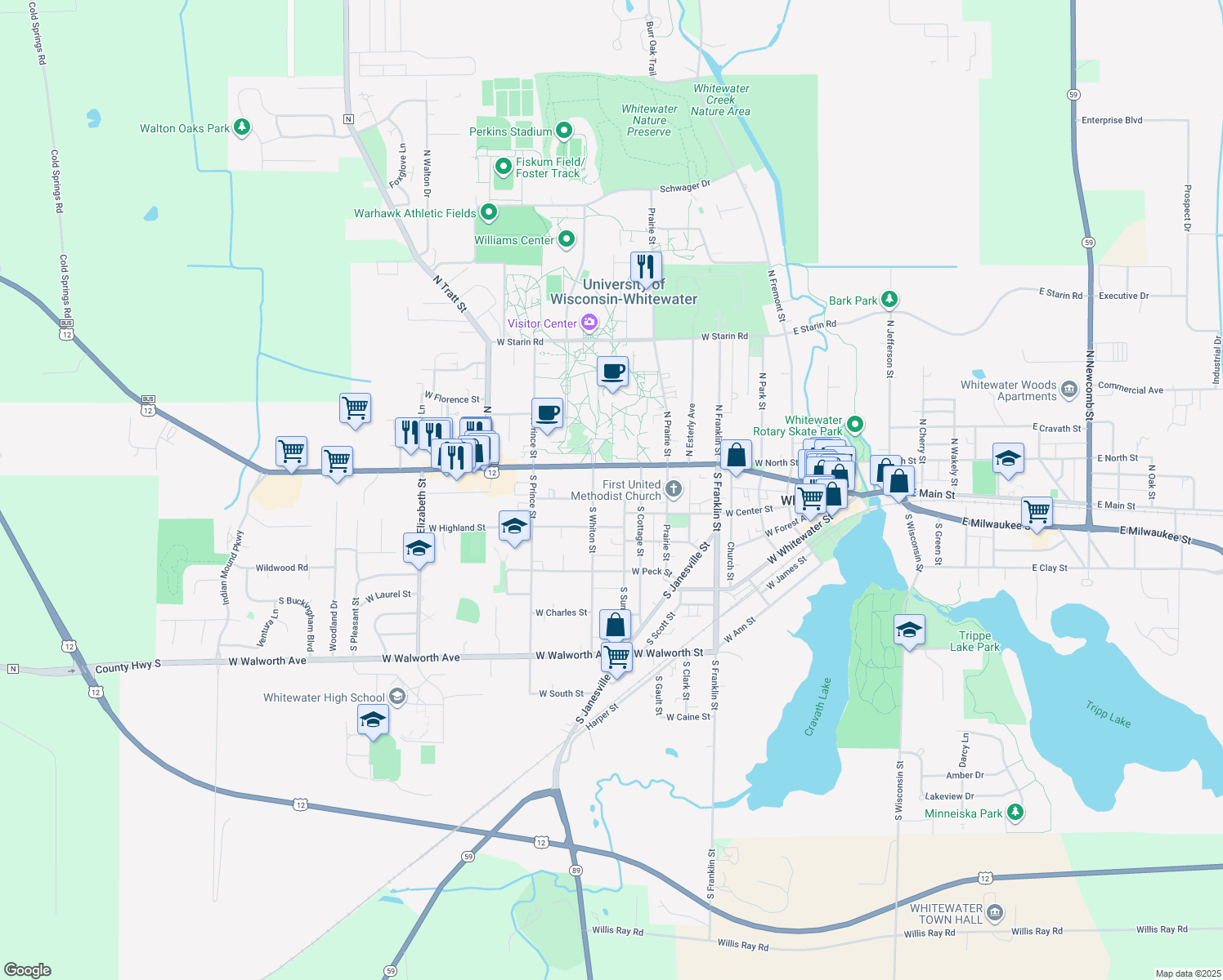 map of restaurants, bars, coffee shops, grocery stores, and more near 818 W Conger St in Whitewater