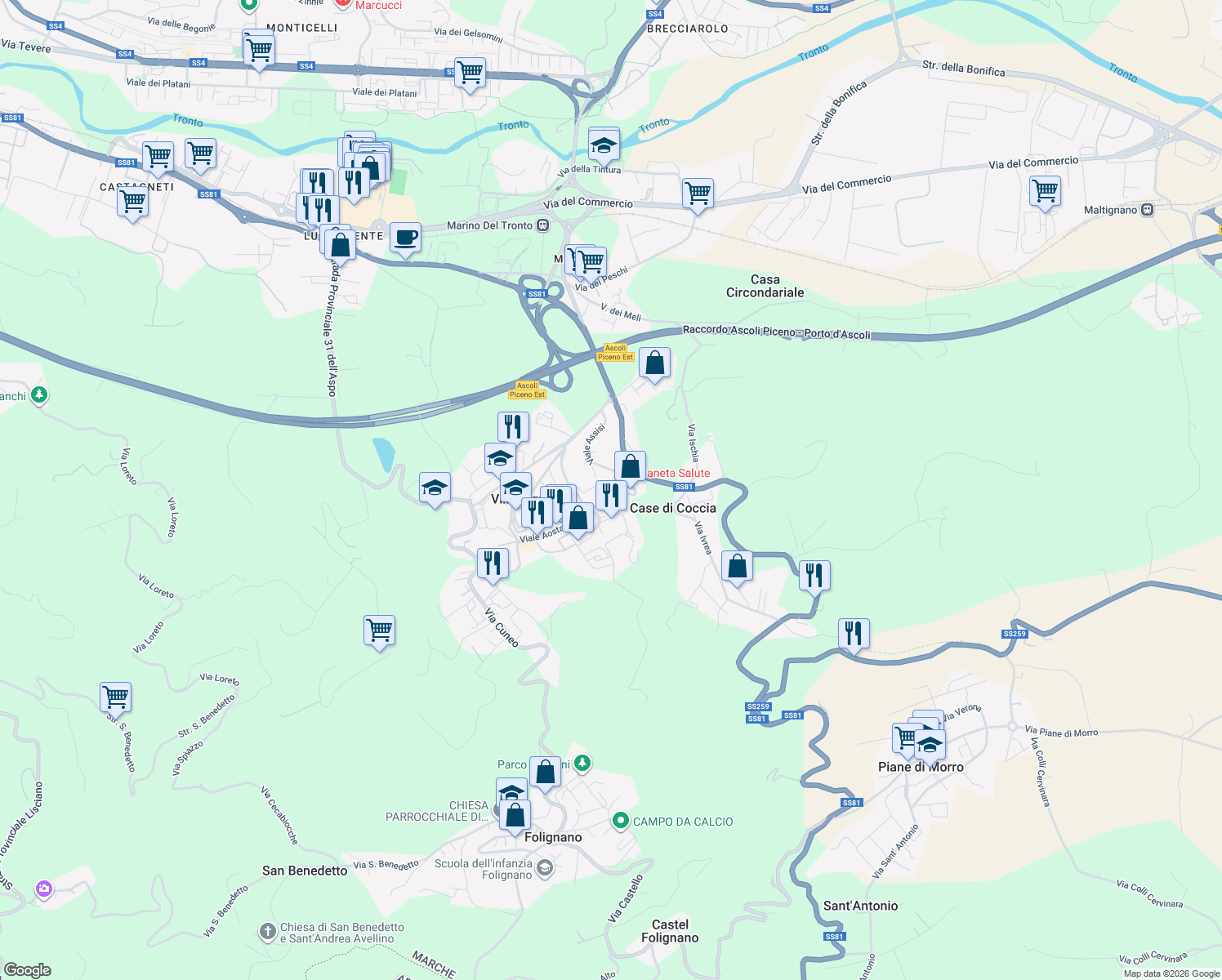 map of restaurants, bars, coffee shops, grocery stores, and more near 4 Piazza Don Bosco in Villa Pigna