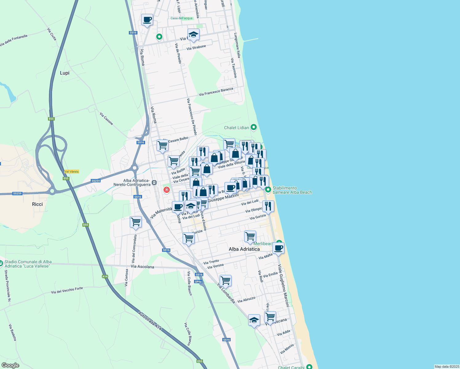map of restaurants, bars, coffee shops, grocery stores, and more near 22 Via Giacomo Leopardi in Alba Adriatica