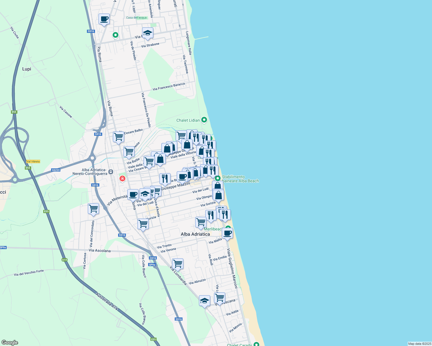 map of restaurants, bars, coffee shops, grocery stores, and more near 13 Viale Guglielmo Marconi in Alba Adriatica
