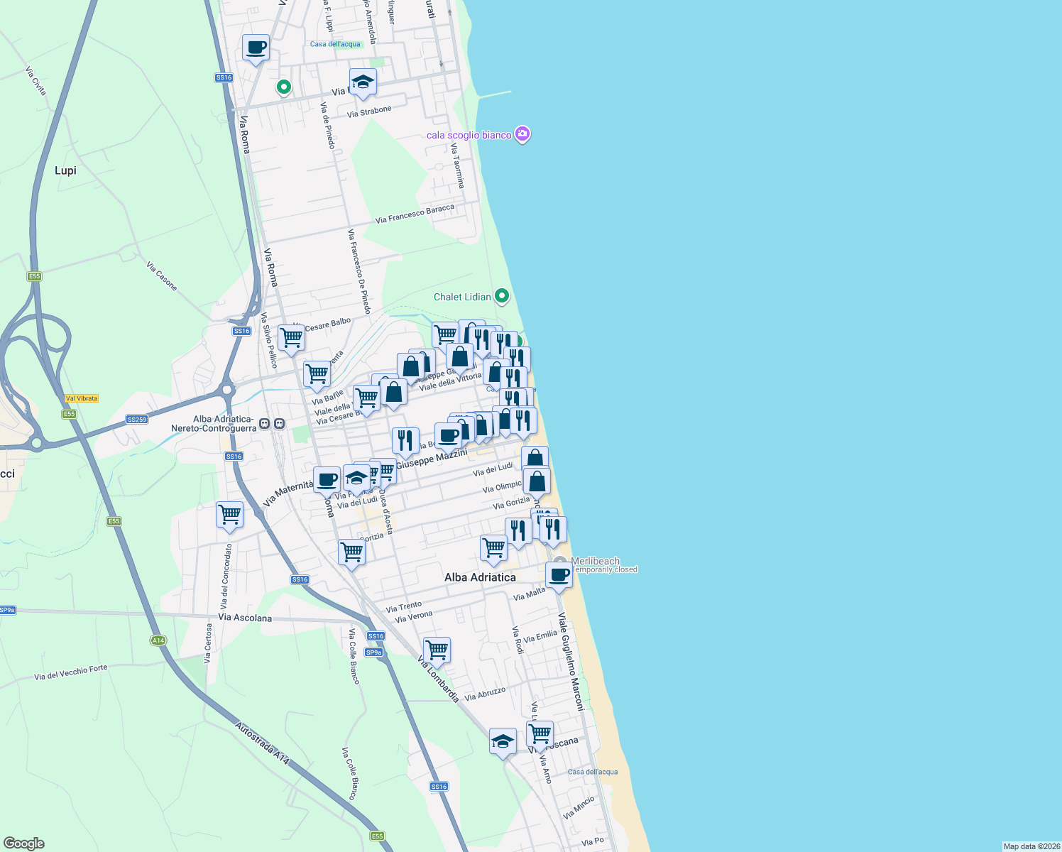 map of restaurants, bars, coffee shops, grocery stores, and more near 13 Viale Guglielmo Marconi in Alba Adriatica