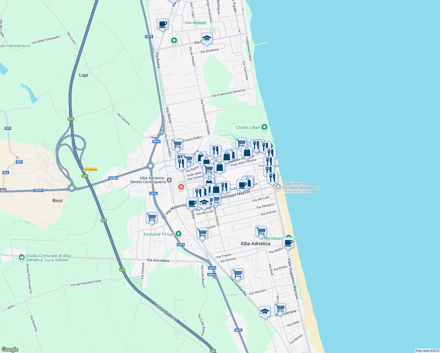 map of restaurants, bars, coffee shops, grocery stores, and more near 80 Via Cesare Battisti in Alba Adriatica
