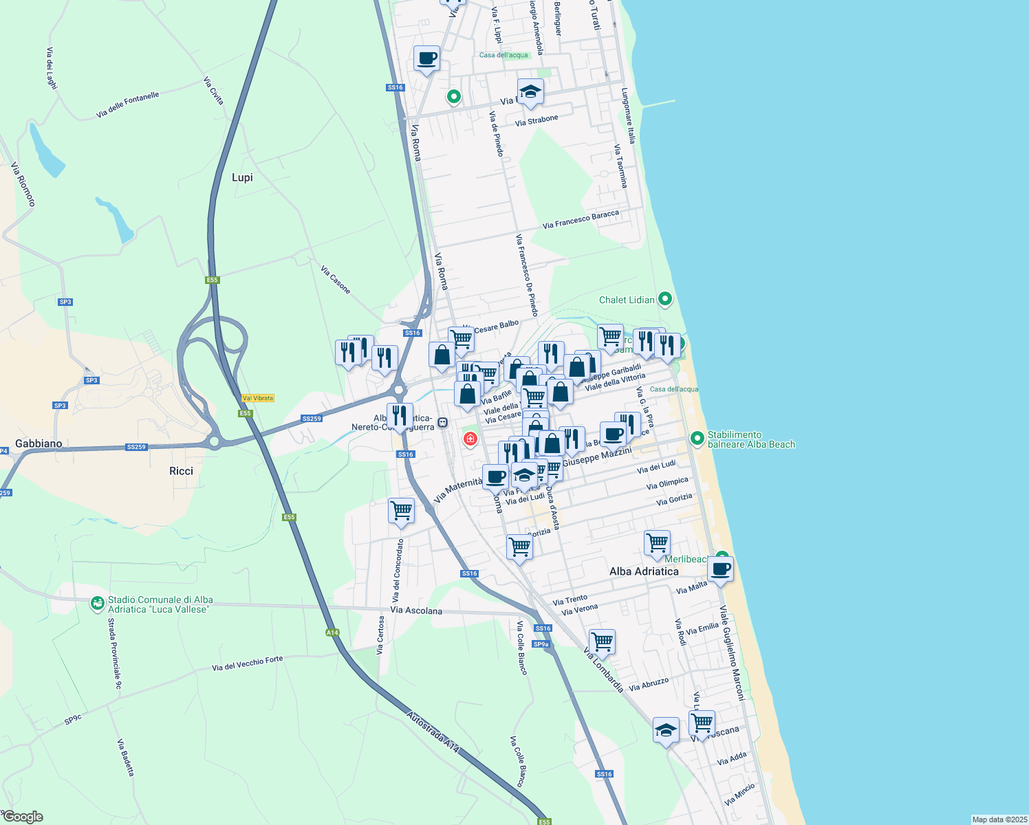 map of restaurants, bars, coffee shops, grocery stores, and more near 4 Via Nazario Sauro in Alba Adriatica