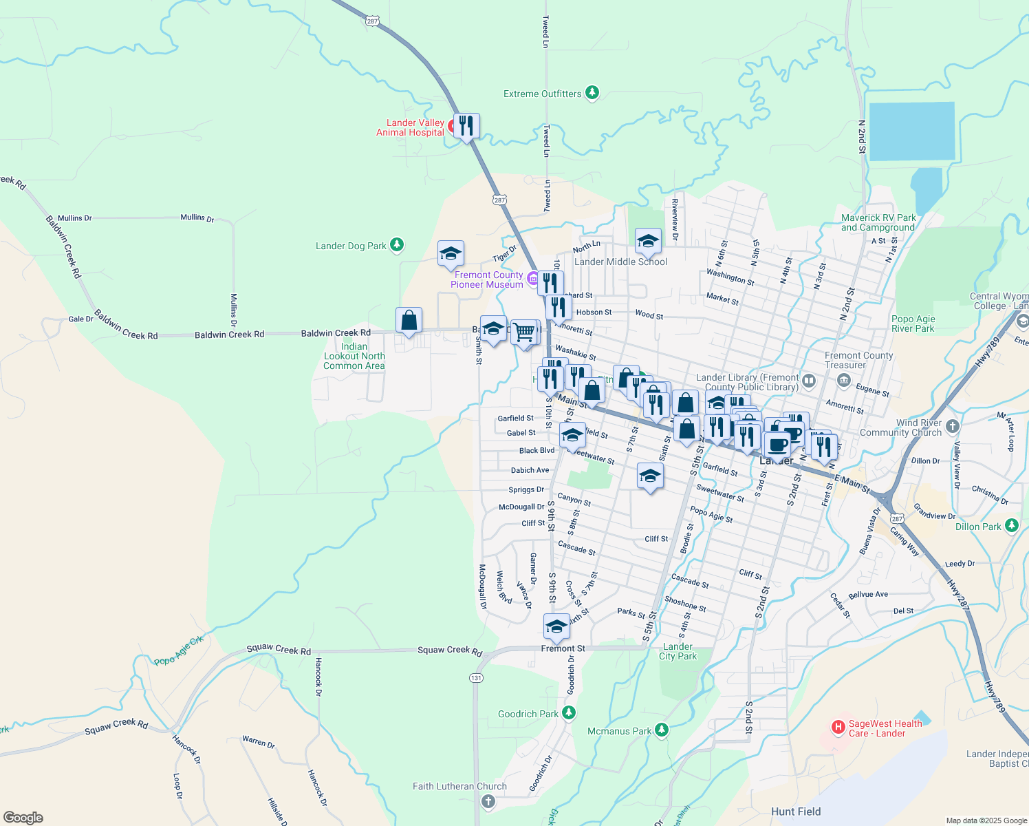 map of restaurants, bars, coffee shops, grocery stores, and more near 1152 Garfield Street in Lander