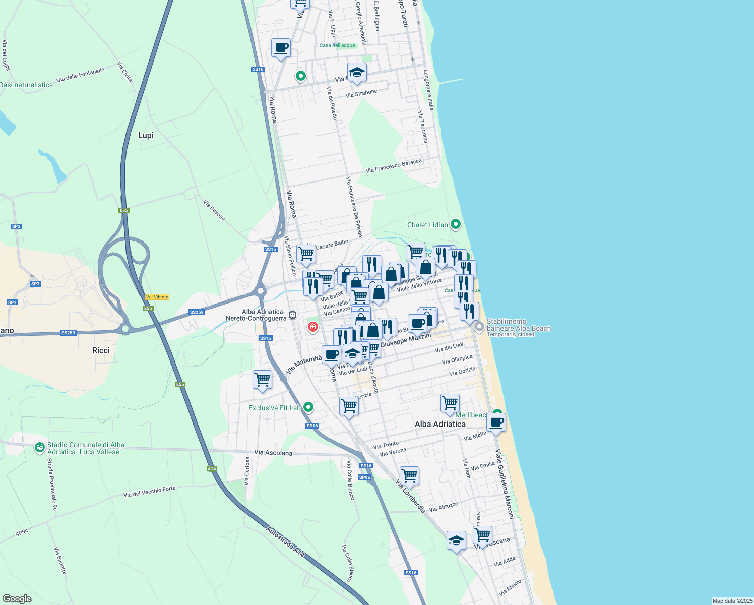 map of restaurants, bars, coffee shops, grocery stores, and more near 80 Via Battisti in Alba Adriatica