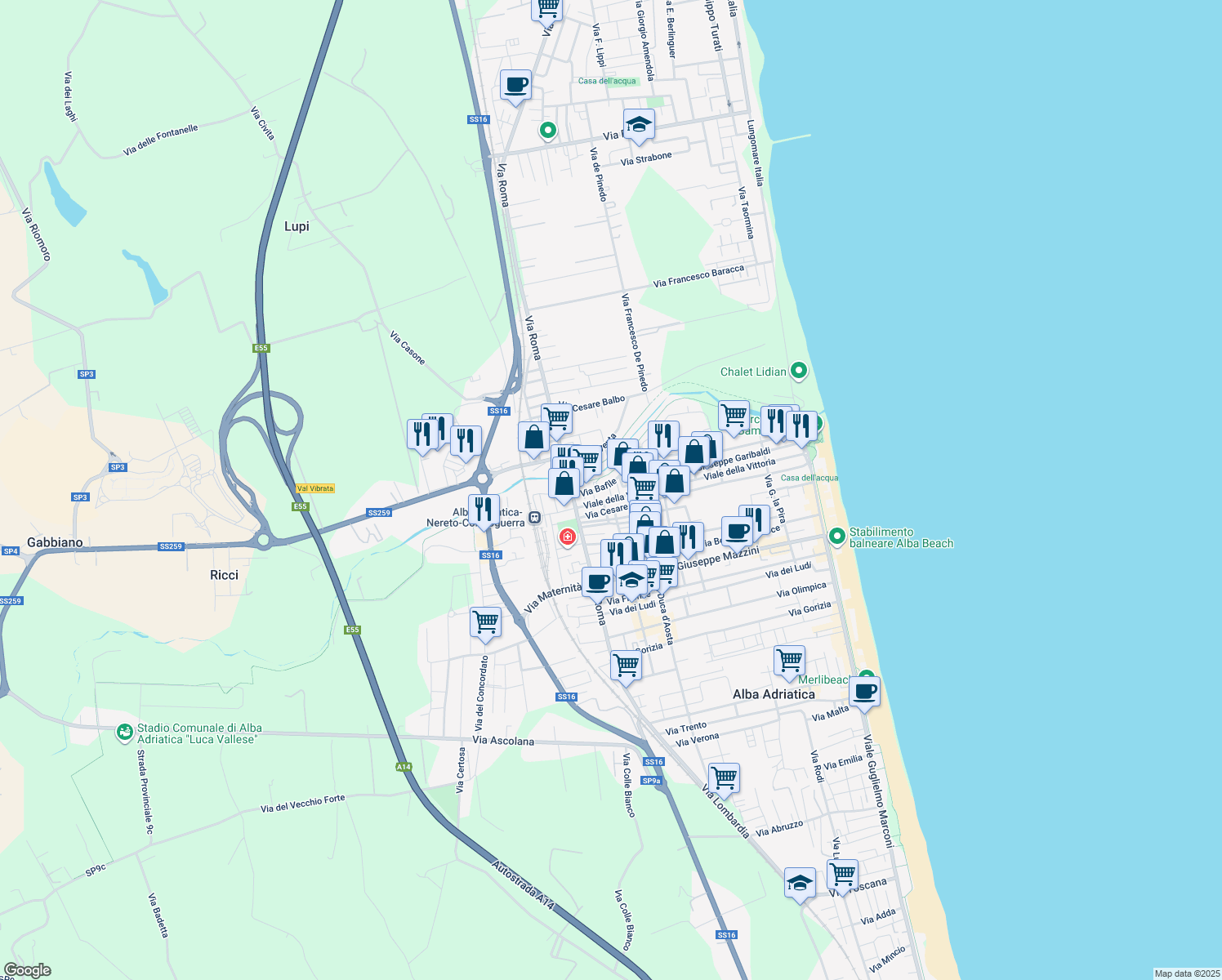 map of restaurants, bars, coffee shops, grocery stores, and more near 4 Via Nazario Sauro in Alba Adriatica