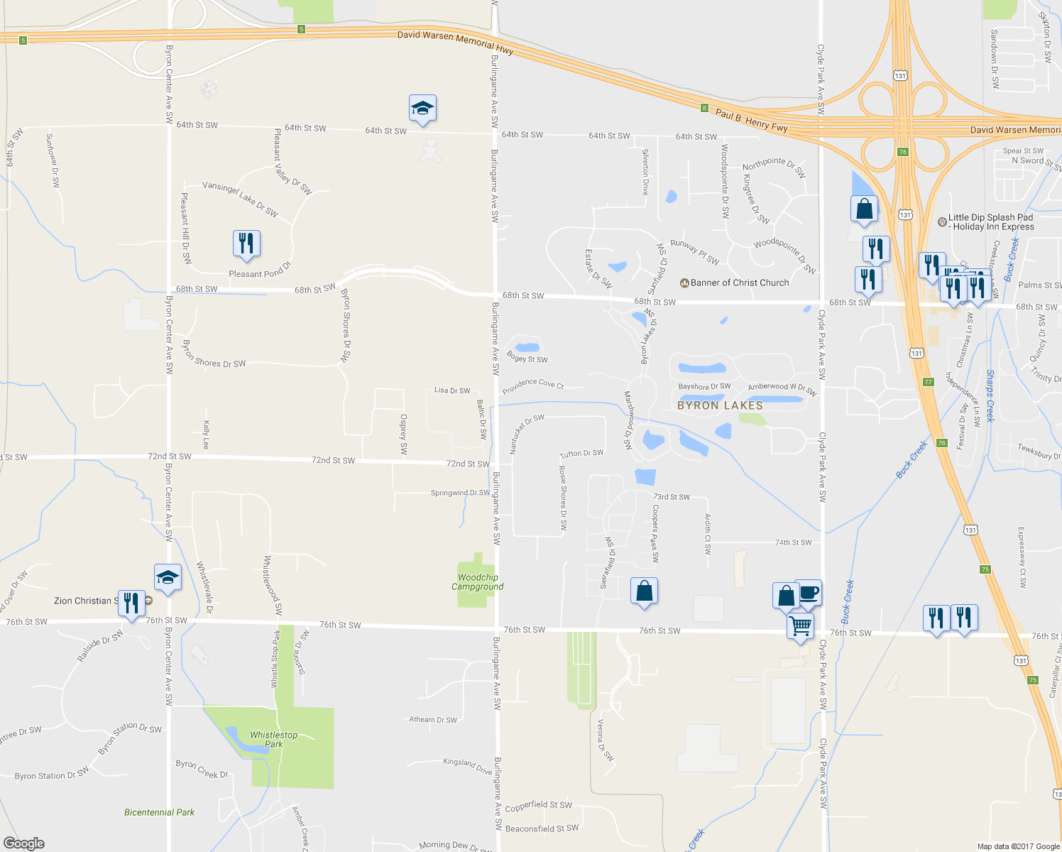 map of restaurants, bars, coffee shops, grocery stores, and more near 7136 Nantucket Drive Southwest in Byron Center