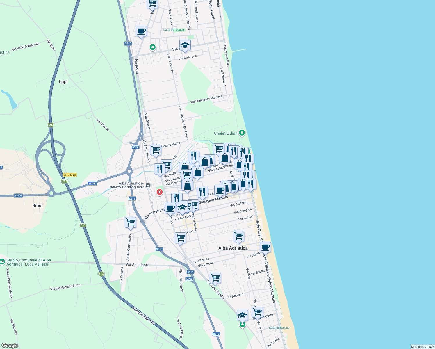 map of restaurants, bars, coffee shops, grocery stores, and more near 132 Via Cesare Battisti in Alba Adriatica