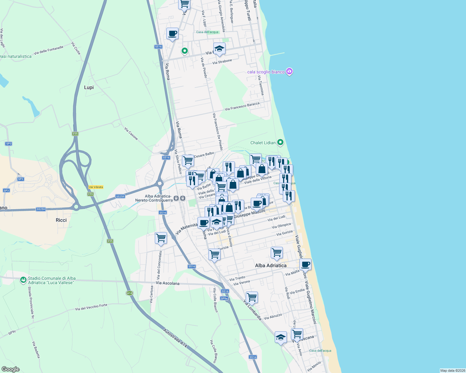map of restaurants, bars, coffee shops, grocery stores, and more near 80 Via Battisti in Alba Adriatica
